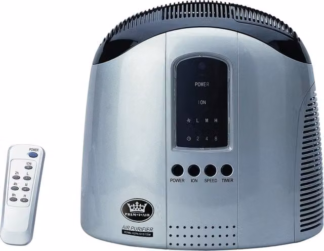 PREM-I-AIR Hepa Air Purifier with Ioniser, Activated Carbon Filter and Remote Control, Silver and Black