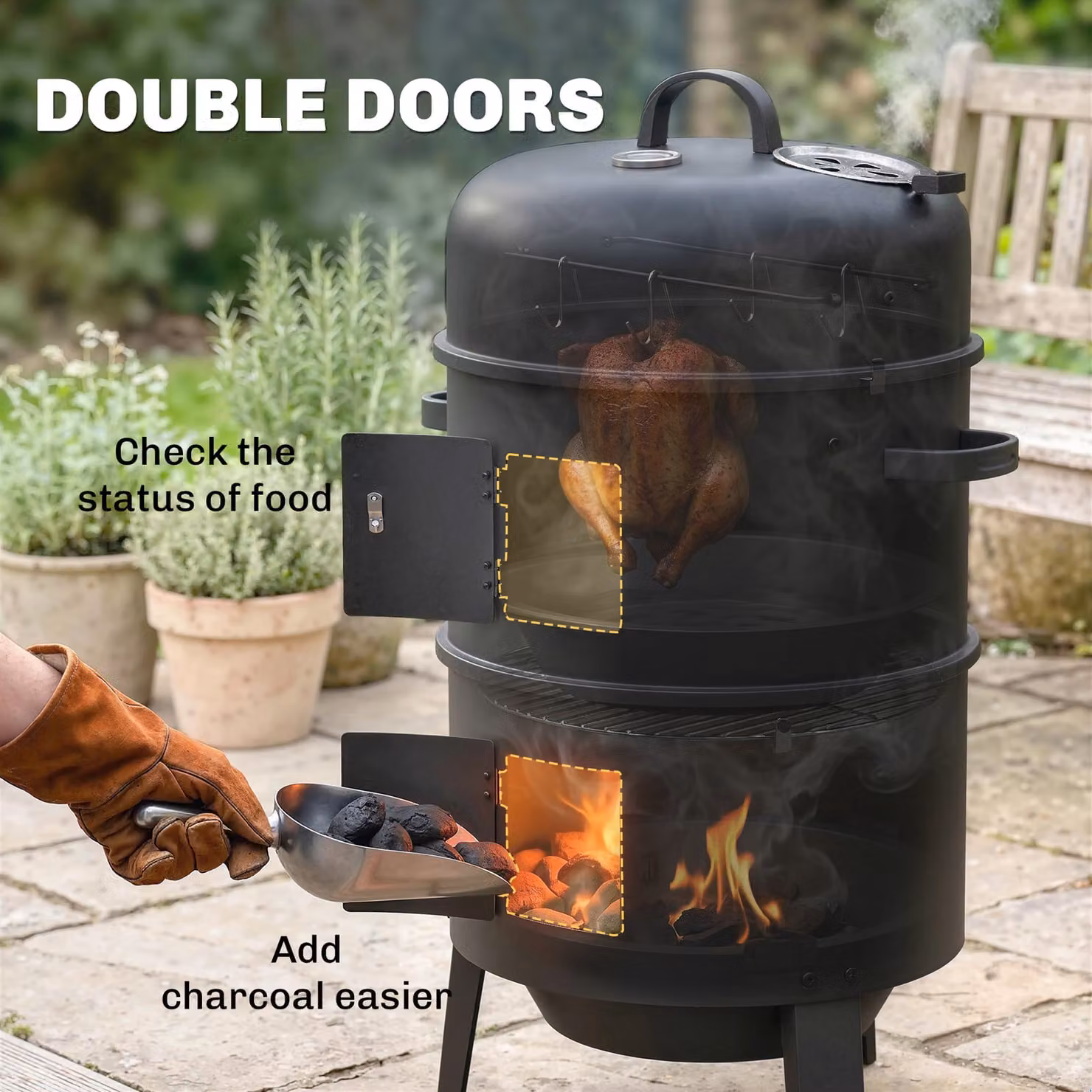 Outsunny 3-in-1 Vertical Charcoal Smoker in Black with Built-in Thermometer and 2 Grill Grates, W/D/H: 52.0 x 41.5 x 81.0 cm – 7