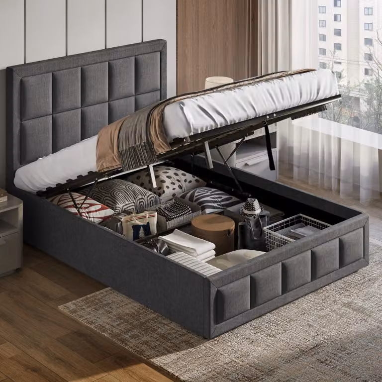 DHS Linen Ottoman Bed Frame with End Lift Storage, Small Double (4ft), Grey, W/D/H: 120 x 200 cm