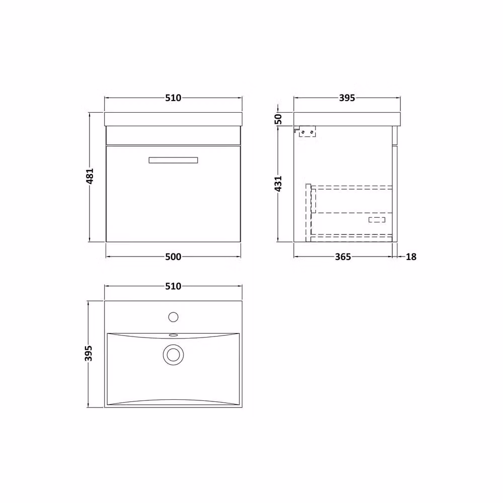 Balterley Millwich 1 Drawer Wall Hung Vanity Basin Unit, Gloss Grey, Width: 50 cm – 2