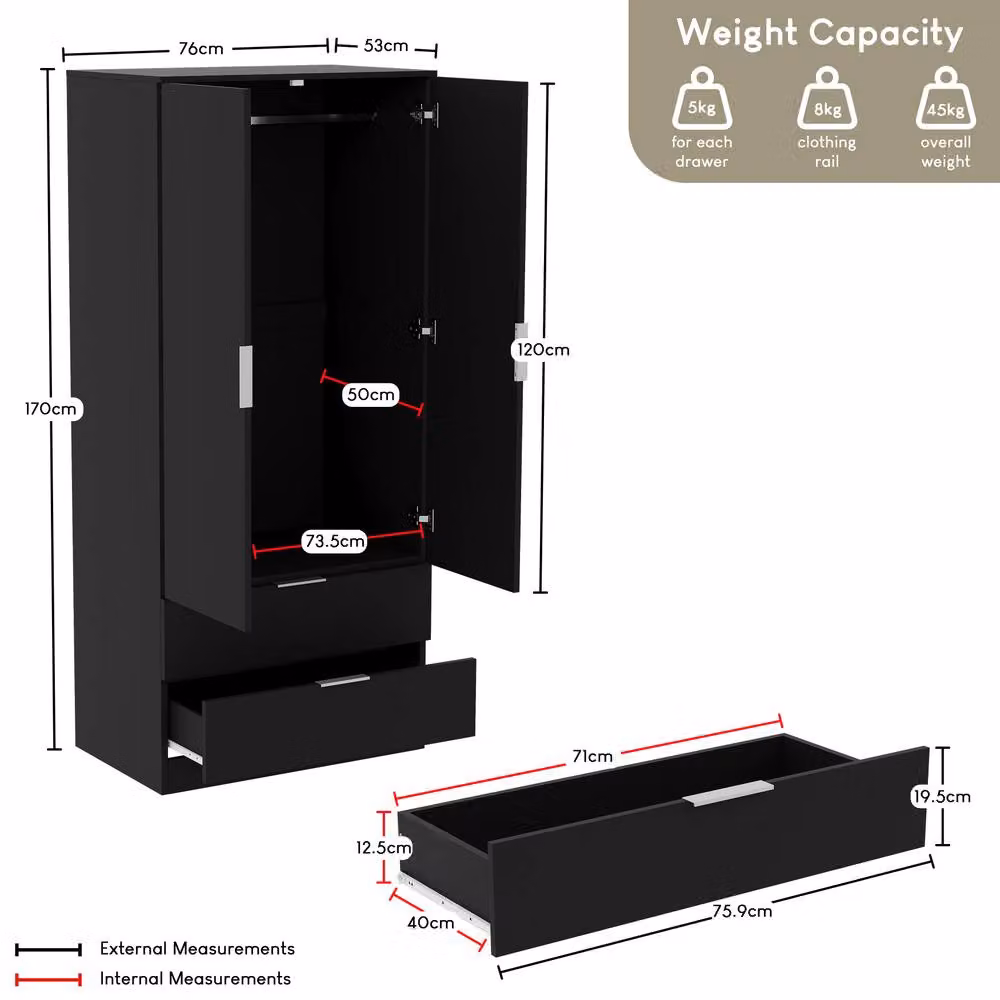 HD Designs Trega Modern 2 Door 2 Drawer Wardrobe in Matt Black with Hanging Rail and Internal Shelves – 3