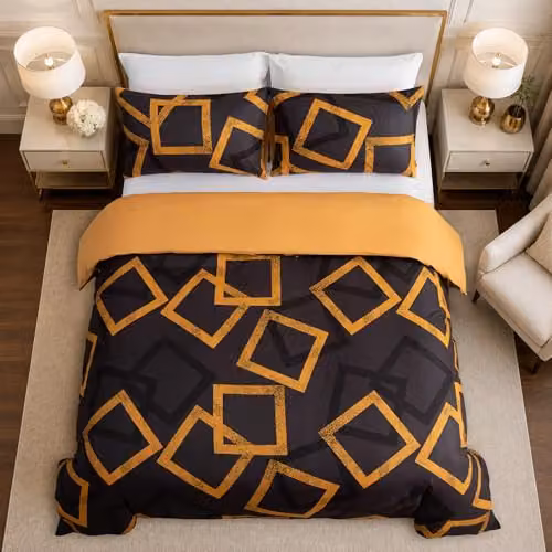 Grace 4 Piece Premium Microfibre Duvet Cover Set with Fitted Sheet in Gold and Black, Reversible and Breathable, W/D/H: 135 x 200 cm, 50 x 75 cm, 90 x 190 cm – 4
