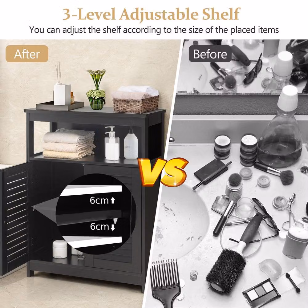 Costway Modern Black Wooden Bathroom Floor Cabinet with Adjustable Internal Shelves and Open Storage Shelf – 6