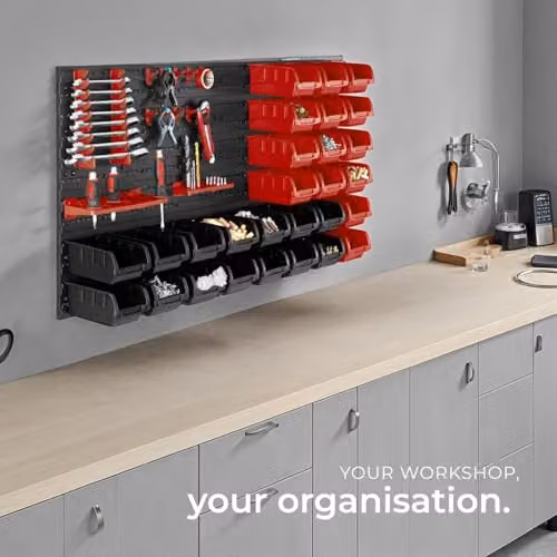 tectake 44 Piece Wall-Mounted Tool Storage Organiser with 28 Parts Boxes in Black and Red – 7