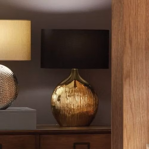 Ruma Art Deco Silver Ribbed Ceramic Table Lamp with Gold Oval Fabric Shade