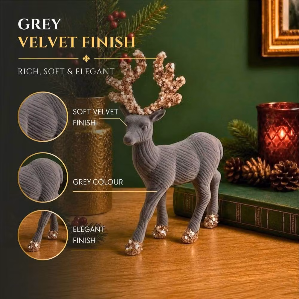 Shatchi Grey Velvet Christmas Reindeer Figurine, Height: 20 cm – 3