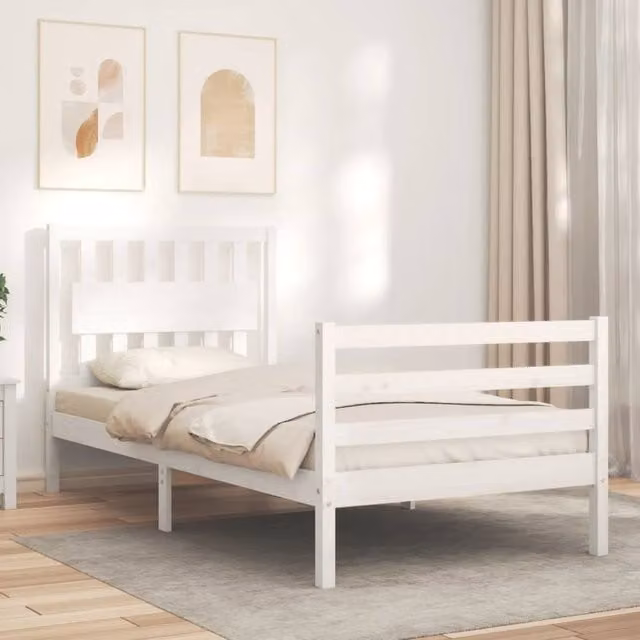 Berkfield Home Beautiful Solid Wood Bed Frame with Headboard in White, W/D/H: 90 x 200 cm