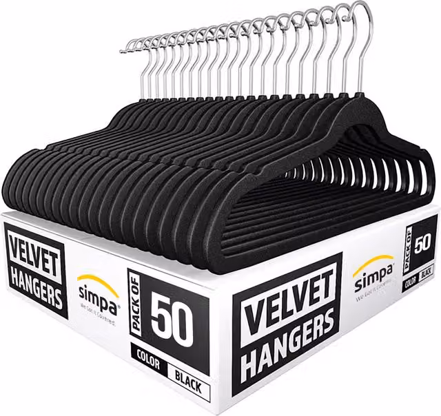 Simpa Heavy Duty Velvet Non-Slip Space Saving Clothes Hangers with 360 Degree Swivel Hook, 50 Pack, Black and Silver – 1