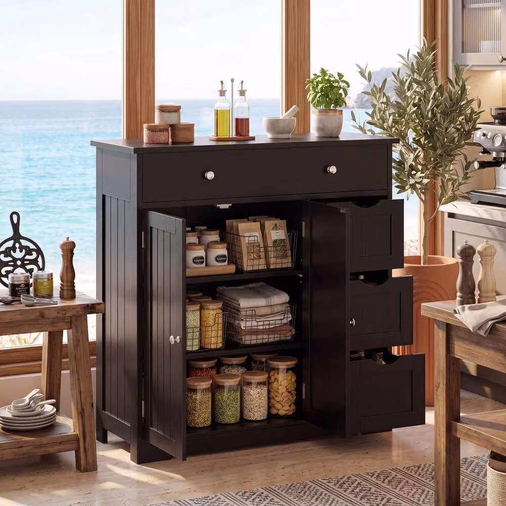Costway Modern Black Bathroom Floor Cabinet with 4 Drawers and 2 Hinged Doors – 7