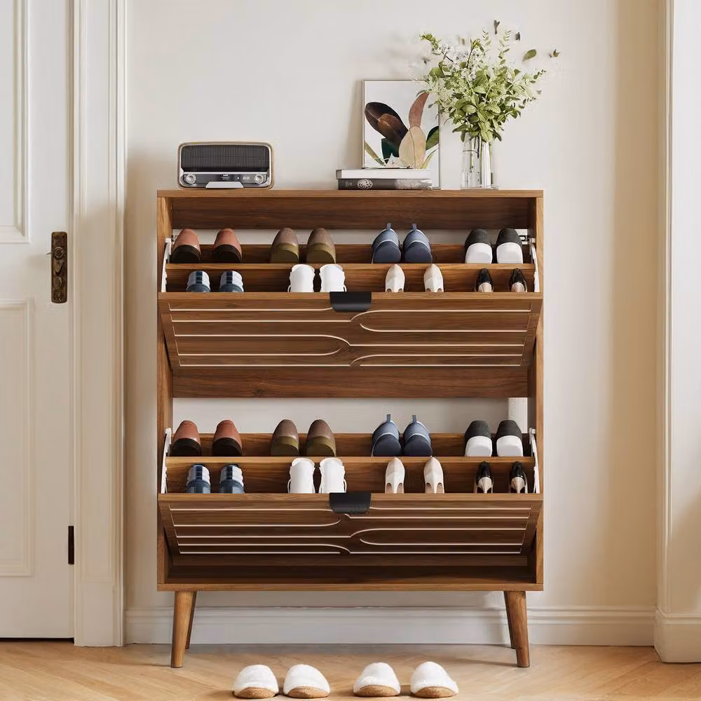 Merax Mid-Century Walnut Shoe Storage Cabinet with Tilting Compartments and Internal Shelves, Brown – 1