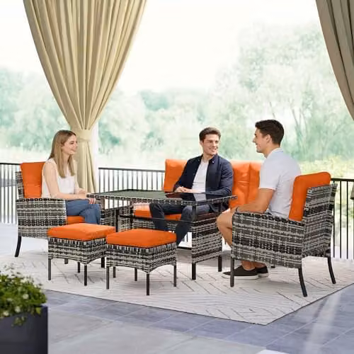 Outsunny 6 Piece Rattan Garden Furniture Set with Orange Upholstered Cushions and Powder Coated Steel Frame – 8