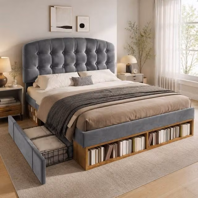 STILVORA Upholstered King Bed Frame with Drawers in Grey, W: 150 cm, D: 200 cm – 1