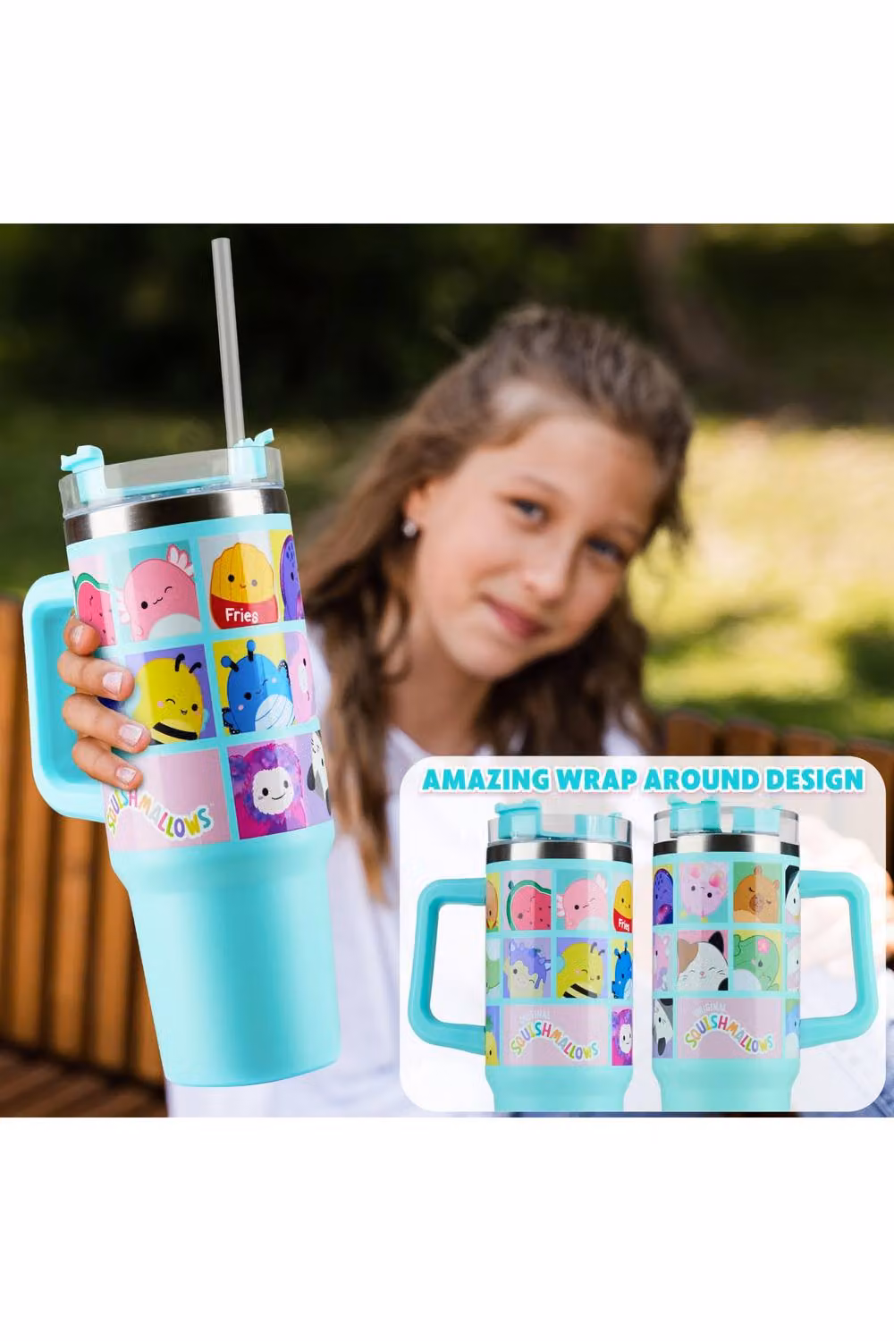 Squishmallows Insulated Bradley Travel Mug with Straw and Handle, Blue, 840ml – 5