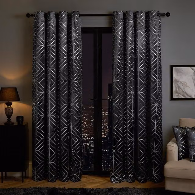 OHS Blackout Velvet Graphic Curtains in Anthracite Grey, Width: 167.64 cm, Height: 228.6 cm