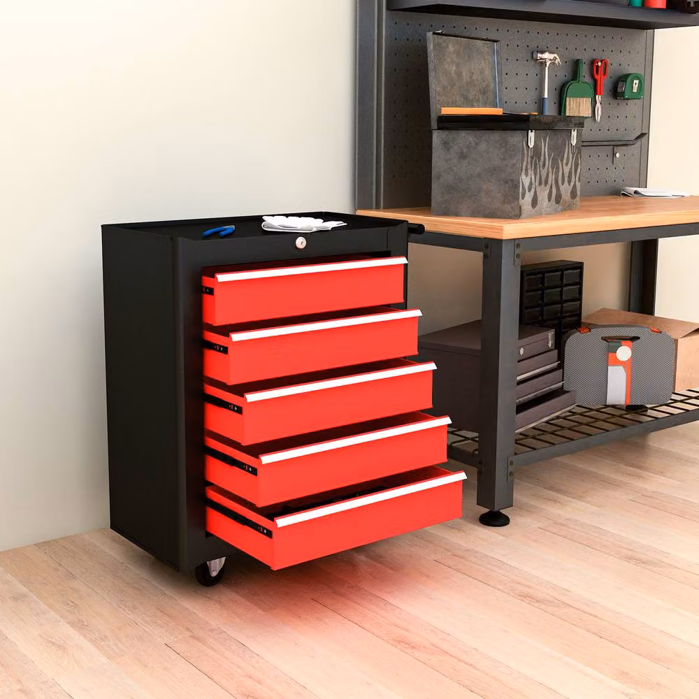 STILVORA Red Steel Tool Chest with 5 Drawers and Wheels – 3