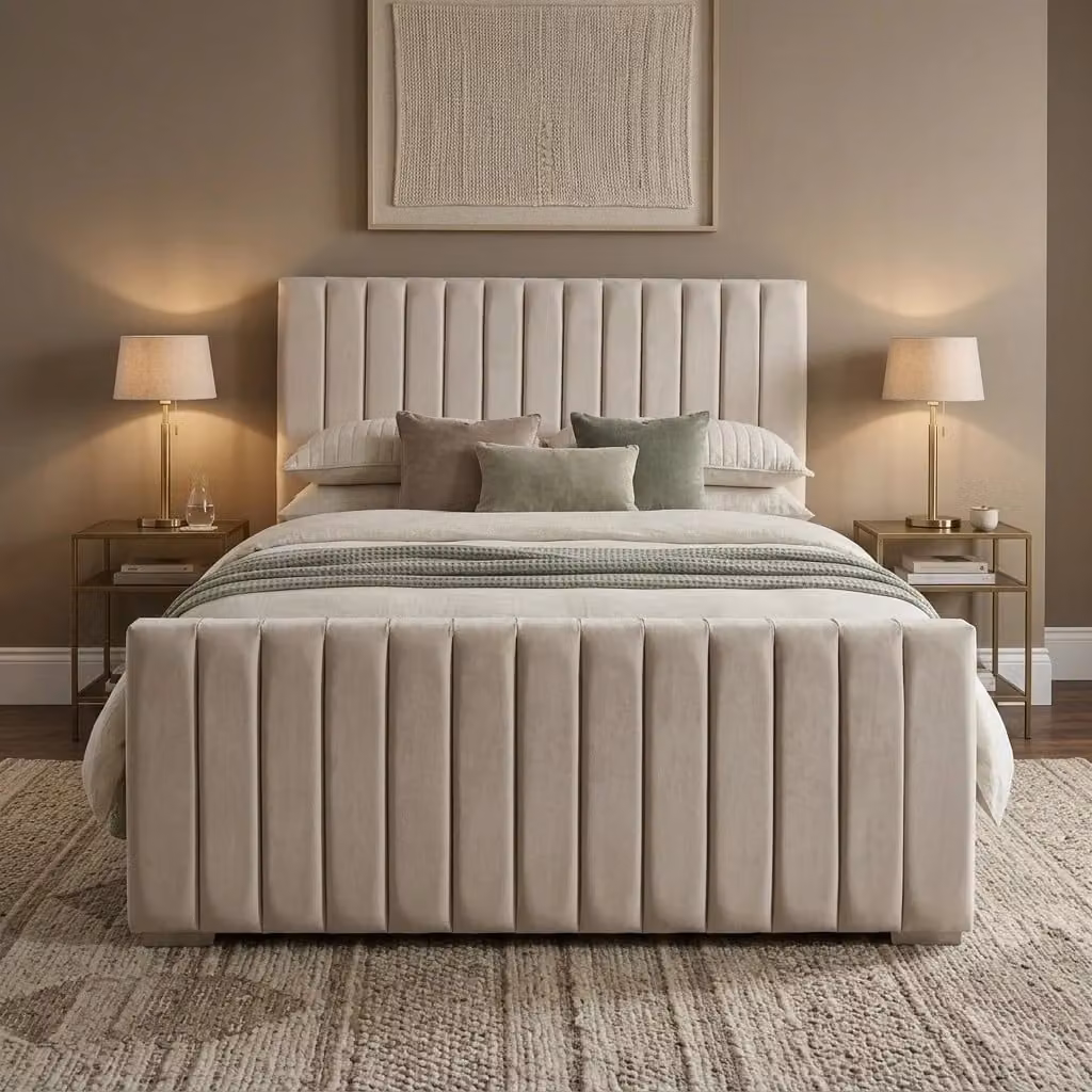 Beds NK Ltd Harmony Modern Upholstered Velvet Bed Frame in Beige