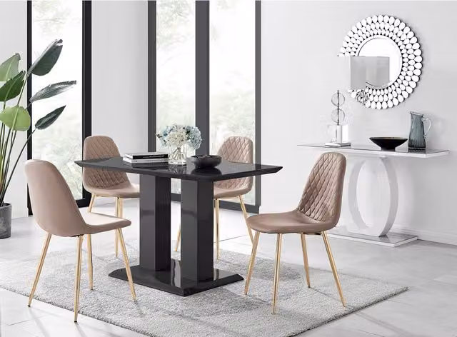 FurnitureboxUK Imperia Black Glass Dining Table and 4 Corona Gold Leg Chairs in Cappuccino
