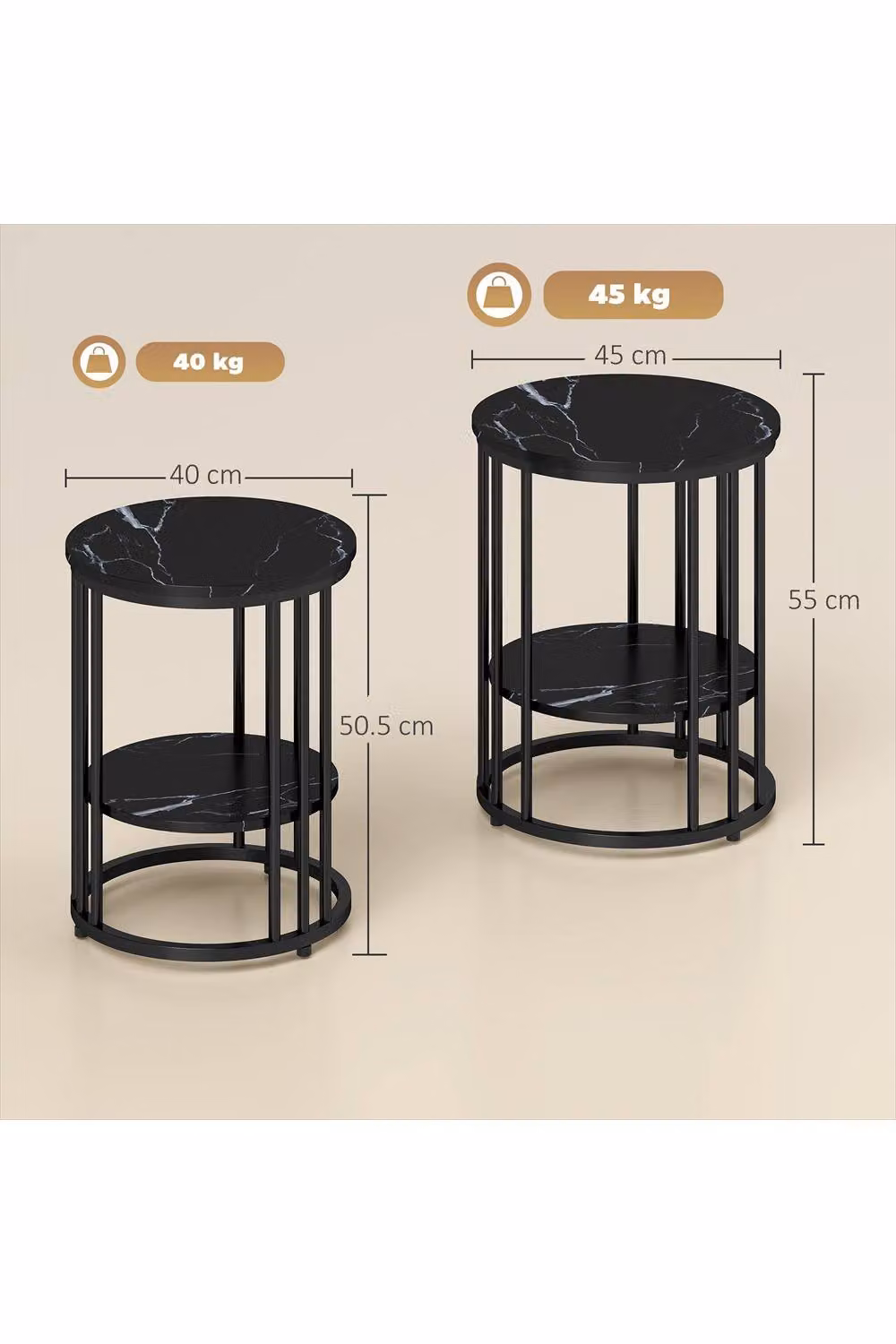 Ergovexa Set of Two Black Marble-Effect Round Coffee Tables with Glossy Composite Tops and Metal Legs – 2