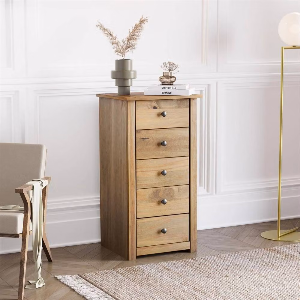 Havendro 5 Drawer Narrow Chest of Drawers in Rustic Beige Solid Pine Wood – 2