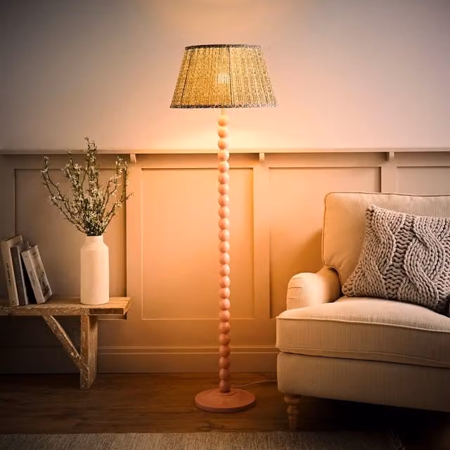 ValueLights Bobbin Floor Lamp with Floral Pleated Taper Shade and Bulb in Pale Pink