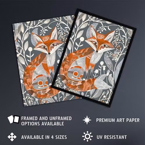 Artery8 Woodland Fox Folk Art Grey Rustic Wildflowers Unframed Paper Wall Art Poster – 2
