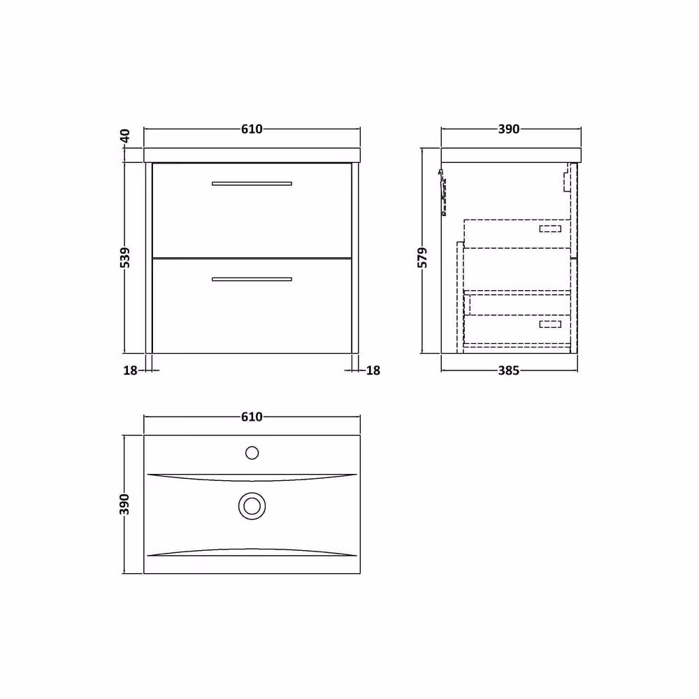 Balterley Wall Mounted 2 Drawer Vanity Unit with Basin in Coastal Grey, W/D/H: 60.0 x 32.0 x 57.9 cm – 3