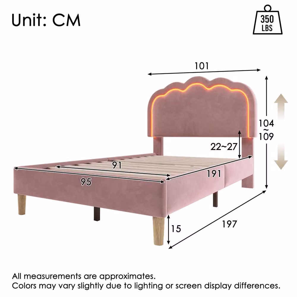 Matteo Pink Velvet Upholstered Single Bed Frame with LED Under-Bed Lighting and Adjustable Headboard – 2