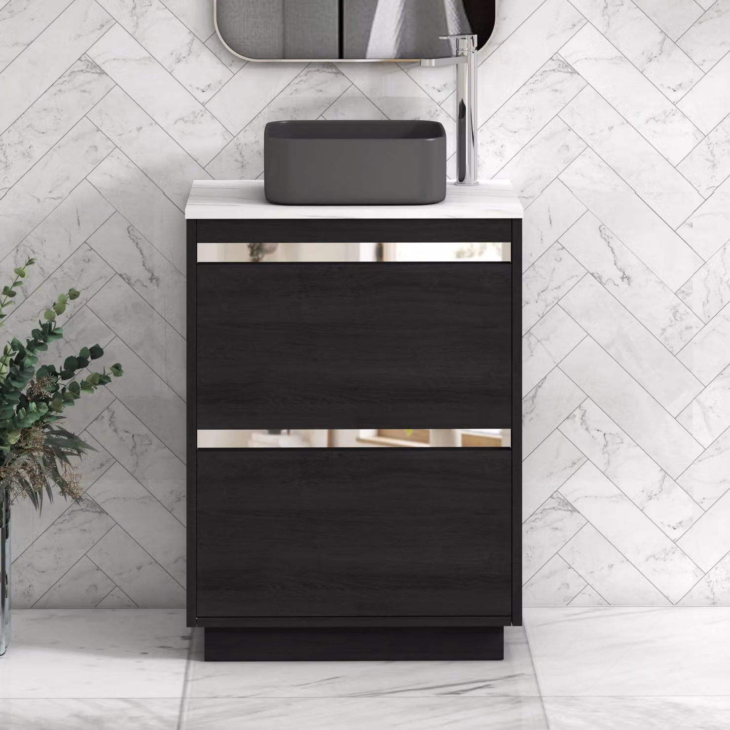 Royal Bathrooms Orion 600mm Hale Black Floor Standing Vanity Unit with Carrara White Countertop, 2 Drawers, Art Square Basin and Chrome Accent Trim