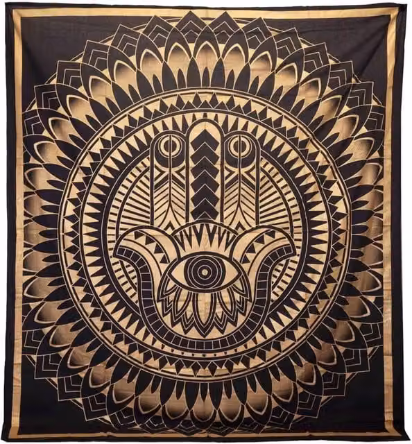 KDMD Hamsa Black and Gold Cotton Double Bedspread and Wall Hanging Set with Geometric Boho Art
