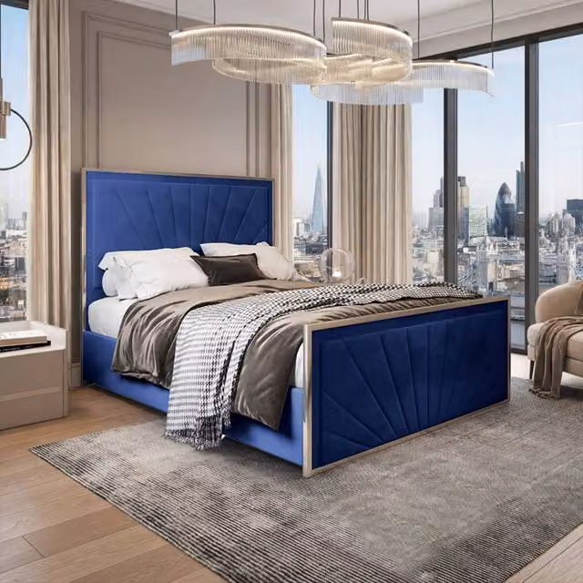 Casani Southborough Upholstered Velvet Designer Bed Frame in Blue, W/D/H: 140 x 200 cm – 1