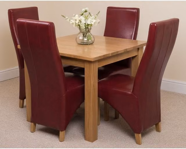 Thats Furniture Oslo Oak Square Dining Table and 4 Lola Red Leather Chairs, W/D/H: 90 x 90 x 75 cm