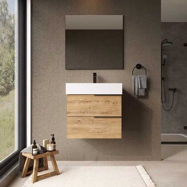 Banyetti Celtic 600mm Wall Hung Bathroom Vanity Unit with Veneto 1 Tap Hole Basin in Ostippo Light Oak, W: 60 cm, D: 45 cm, H: 48 cm – 1