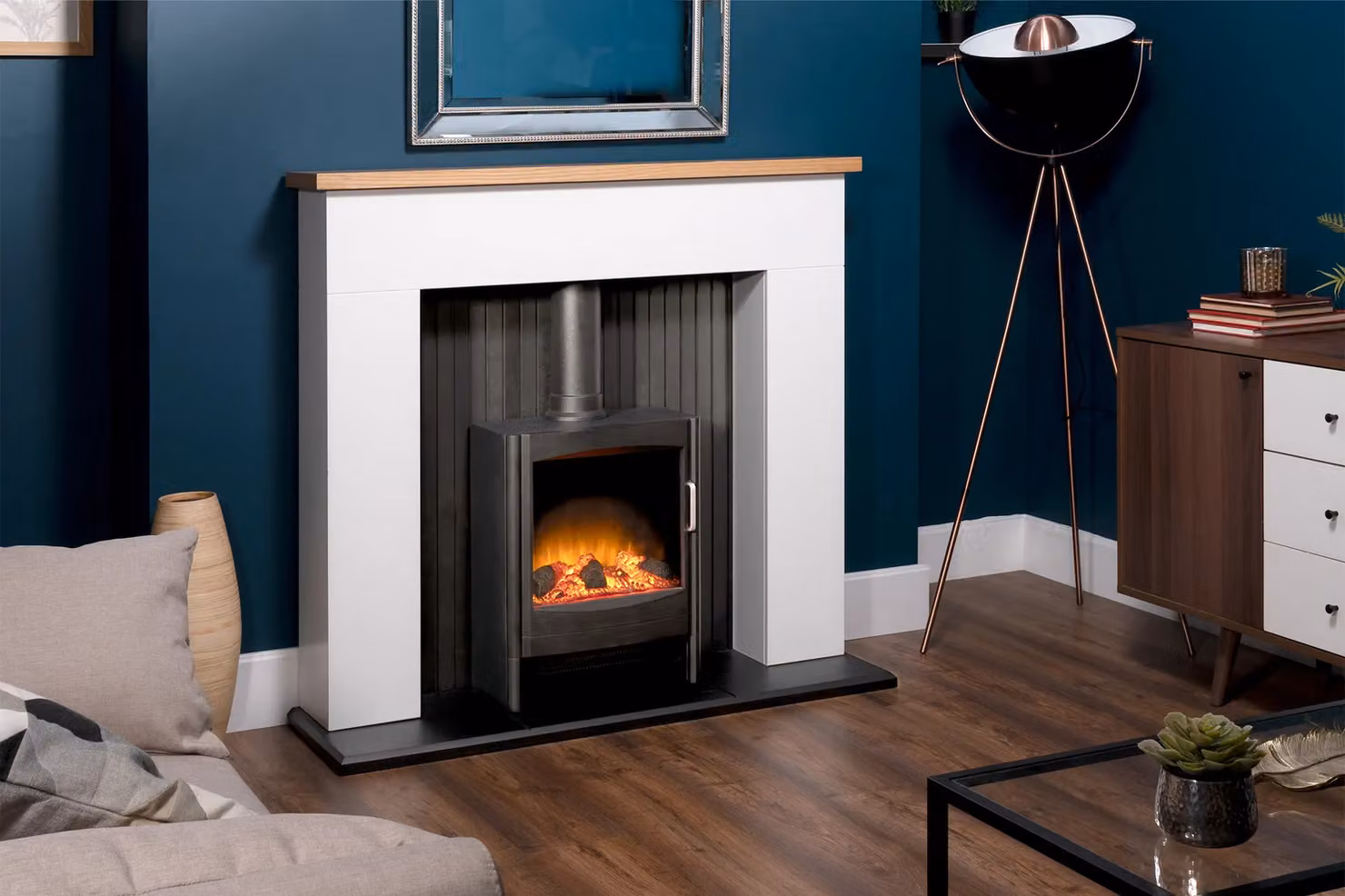 Adam Fires & Fireplaces Innsbruck Wall Mounted Electric Stove Fireplace in Pure White with Black Keston Electric Stove, W: 114.3 cm, D: 3.0 cm, H: 114.3 cm – 2