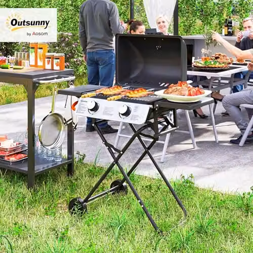 Outsunny Portable Foldable Gas Barbecue Grill with Thermometer and Wheels, Black – 2