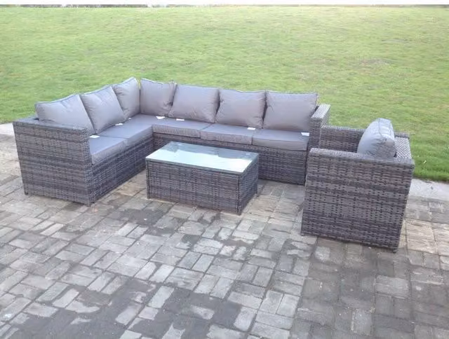 Fimous Rattan Corner Sofa Set with Oblong Coffee Table in Dark Grey