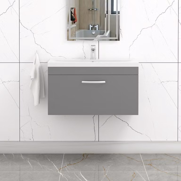 Royal Bathrooms Turin Wall Hung Vanity Sink Unit with 1 Drawer, Indigo Grey Gloss, Width: 80 cm