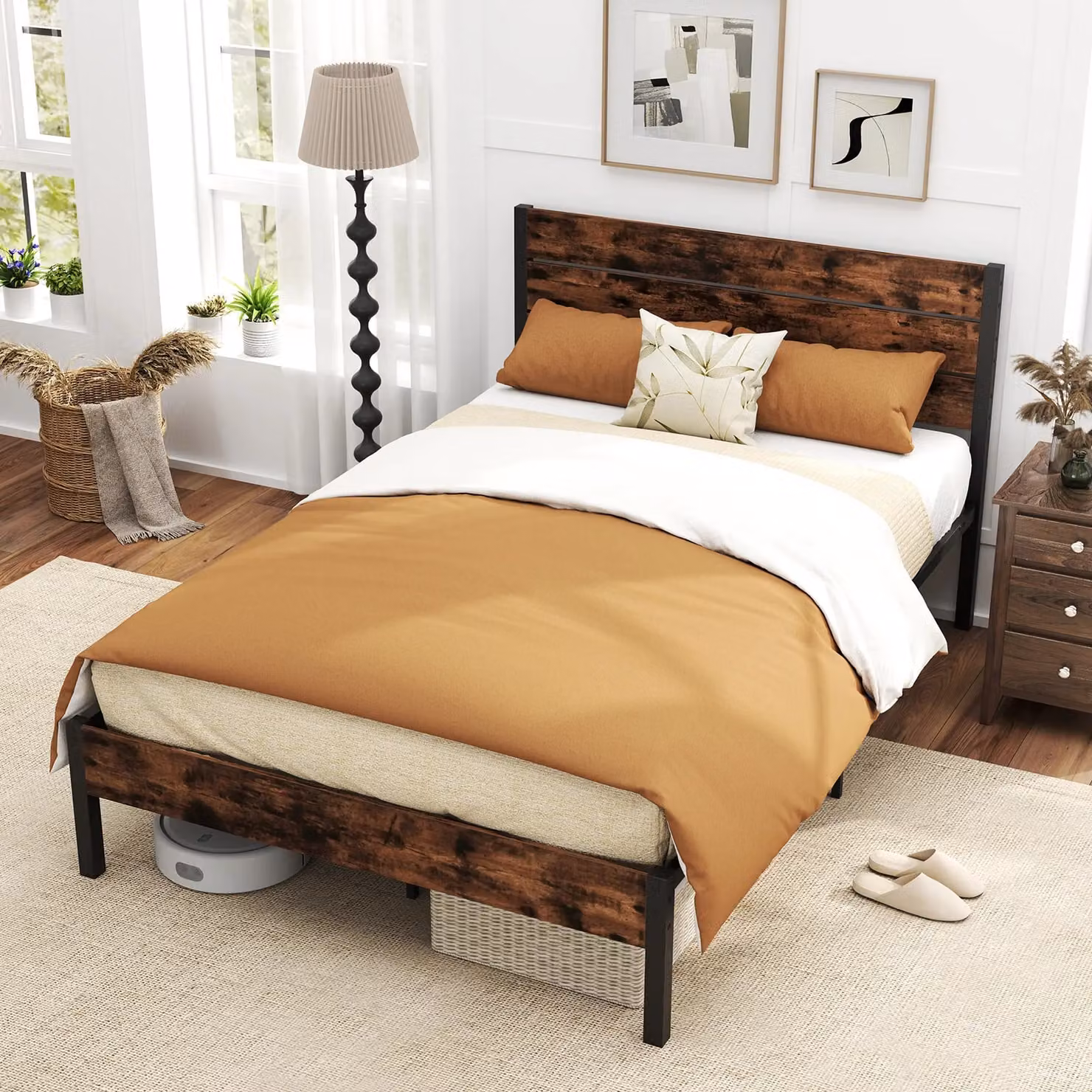 Gymax Double Metal Platform Bed Frame with High Headboard, Brown, W/D/H: 140 x 200 cm – 4