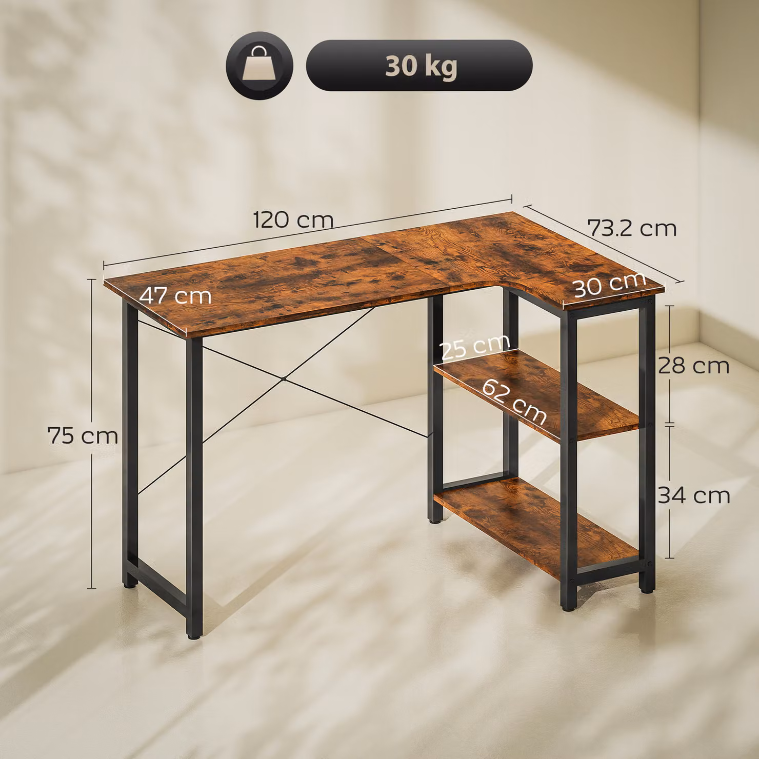 HOMCOM L Shaped Corner Computer Desk with Bookshelf in Rustic Brown, W/D/H: 120 x 73.2 x 75 cm – 3
