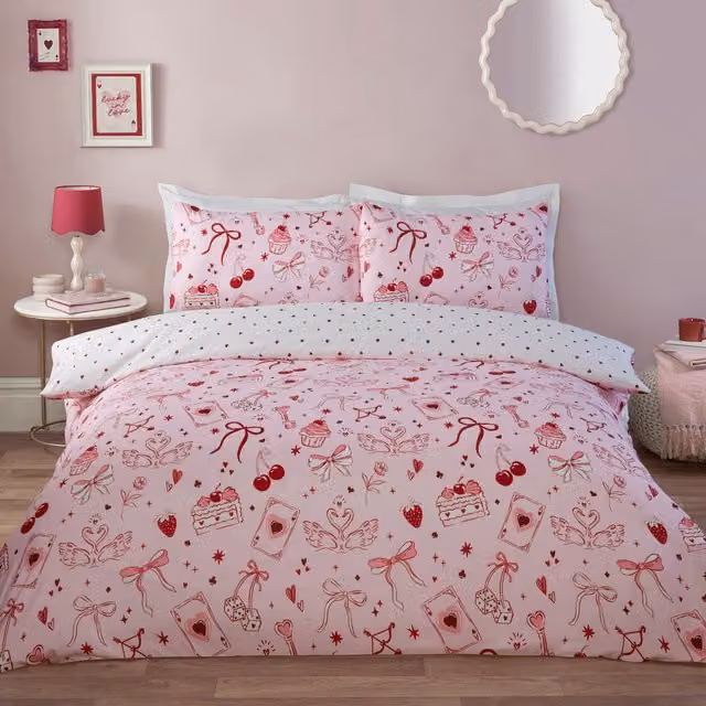 My Home Lucky In Love Graphic Duvet Cover Set, Pink, 200 x 200 cm
