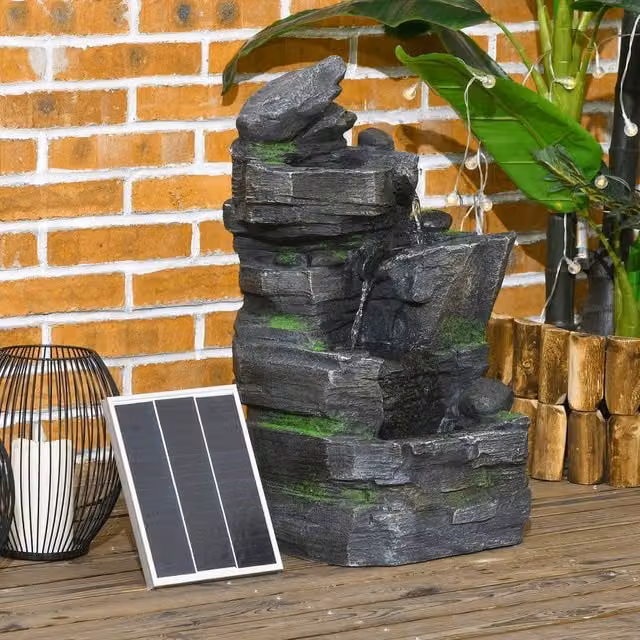 OUTSUNNY Solar Stone Cascade Garden Fountain with LED Light, Grey, W/D/H: 57 x 34 x 28 cm – 1