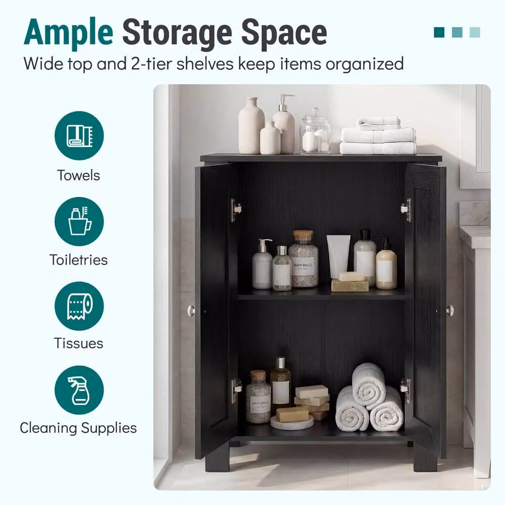 Costway Modern Black Wooden Bathroom Floor Storage Cabinet with Double Hinged Doors – 6