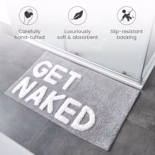 Mooky Mats Get Naked Non-Slip Tufted Slogan Bath Mat, Grey and White, W: 50 cm, D: 80 cm – 3