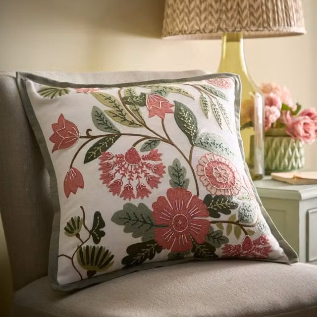 Appletree Aurelia Green and White Floral Embroidered Cotton Filled Square Cushion, W/D/H: 43 x 43 x 43 cm