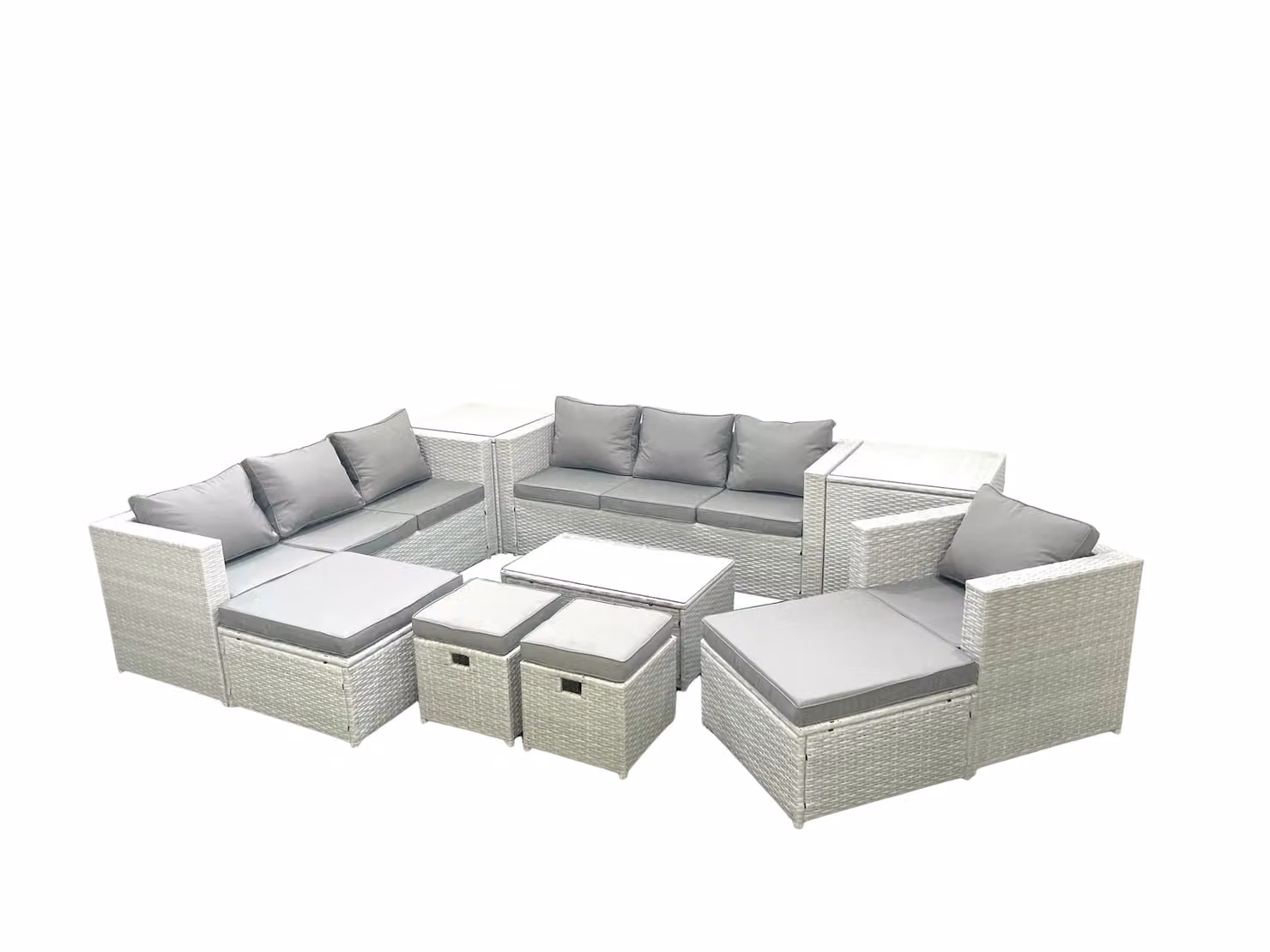 Fimous 10 Piece Rattan Garden Furniture Set in Light Grey with Sofa, Chairs, Coffee Table, 2 Side Tables and 4 Footstools – 2