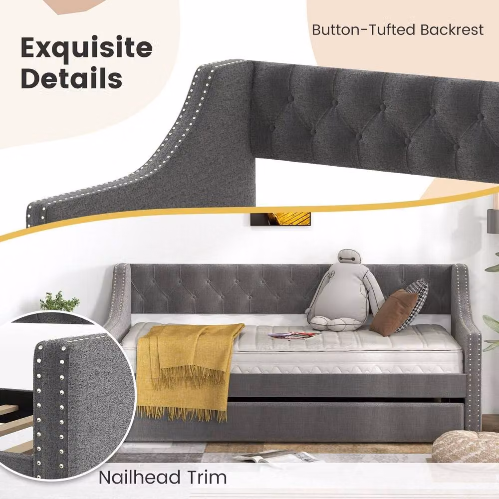Costway Grey Linen Upholstered Single Size Daybed with Trundle Bed Frame – 4