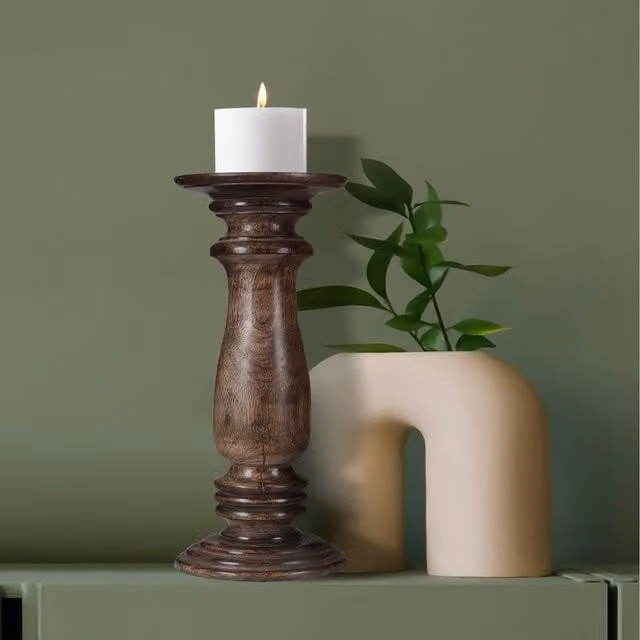 Topfurnishing Rustic Antique Carved Wooden Pillar Candle Holder, Brown, Height: 15 cm