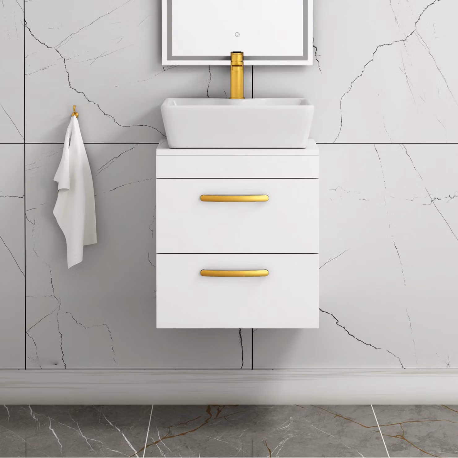 Royal Bathrooms 500mm Wall Hung Gloss White 2 Drawer Vanity Unit with Cube Countertop Basin and Brushed Brass Handle