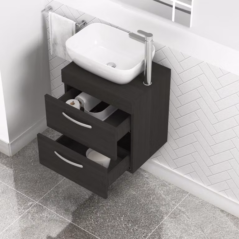 Royal Bathrooms Charcoal Oak 500mm Wall Mounted Bathroom Vanity Unit with 2 Drawers and Elva Countertop Sink