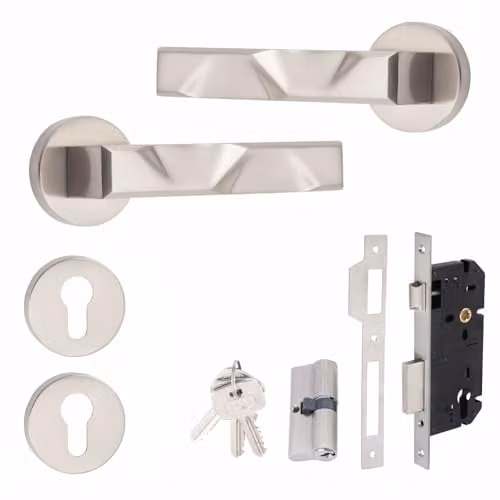 Golden Grace Nova Euro Lock Door Handles, 70mm Satin Nickel Key Lock Set in Silver – 1