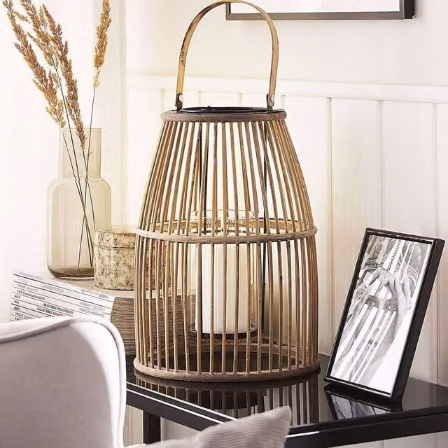 Wyld and Coco Beige Bamboo and Glass Candle Holder Lantern, Height: 32 cm